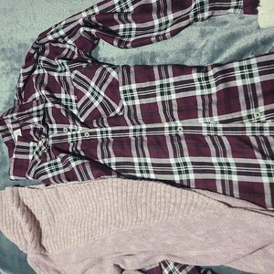 Rose Cardigan sweater, burgundy longer button shirt
